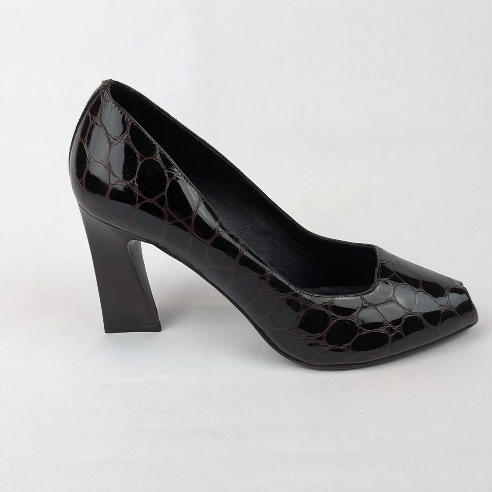 DONALD J PLINER -  Peep Toe Heel in Tortoise Embossed Patent Leather Size 8.5